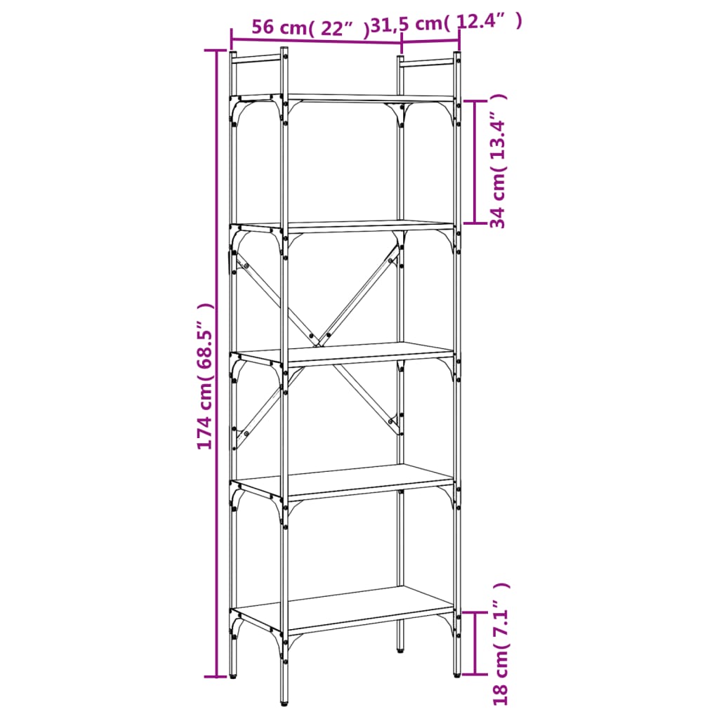 bogreol med 5 hylder 56x31,5x174 cm konstrueret træ sonoma-eg
