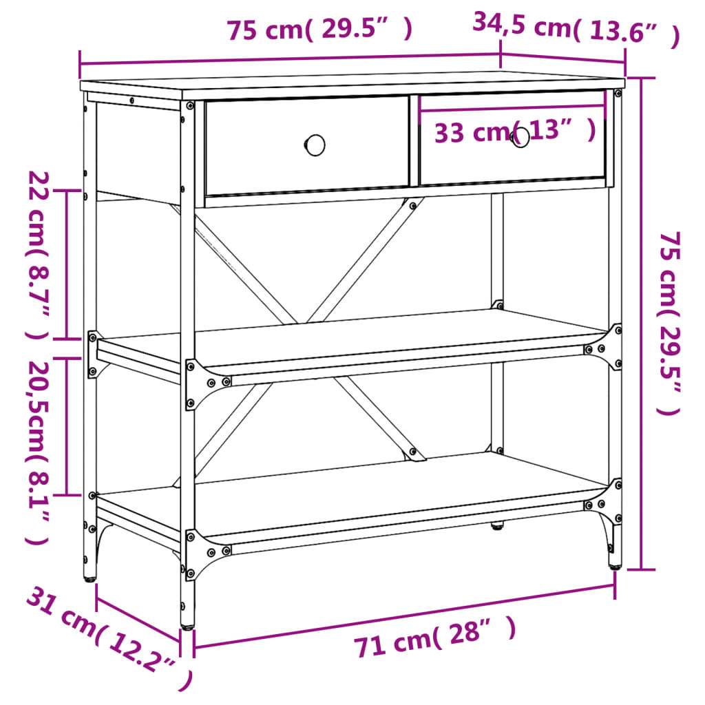 konsolbord 75x34,5x75 cm konstrueret træ røget egetræsfarve