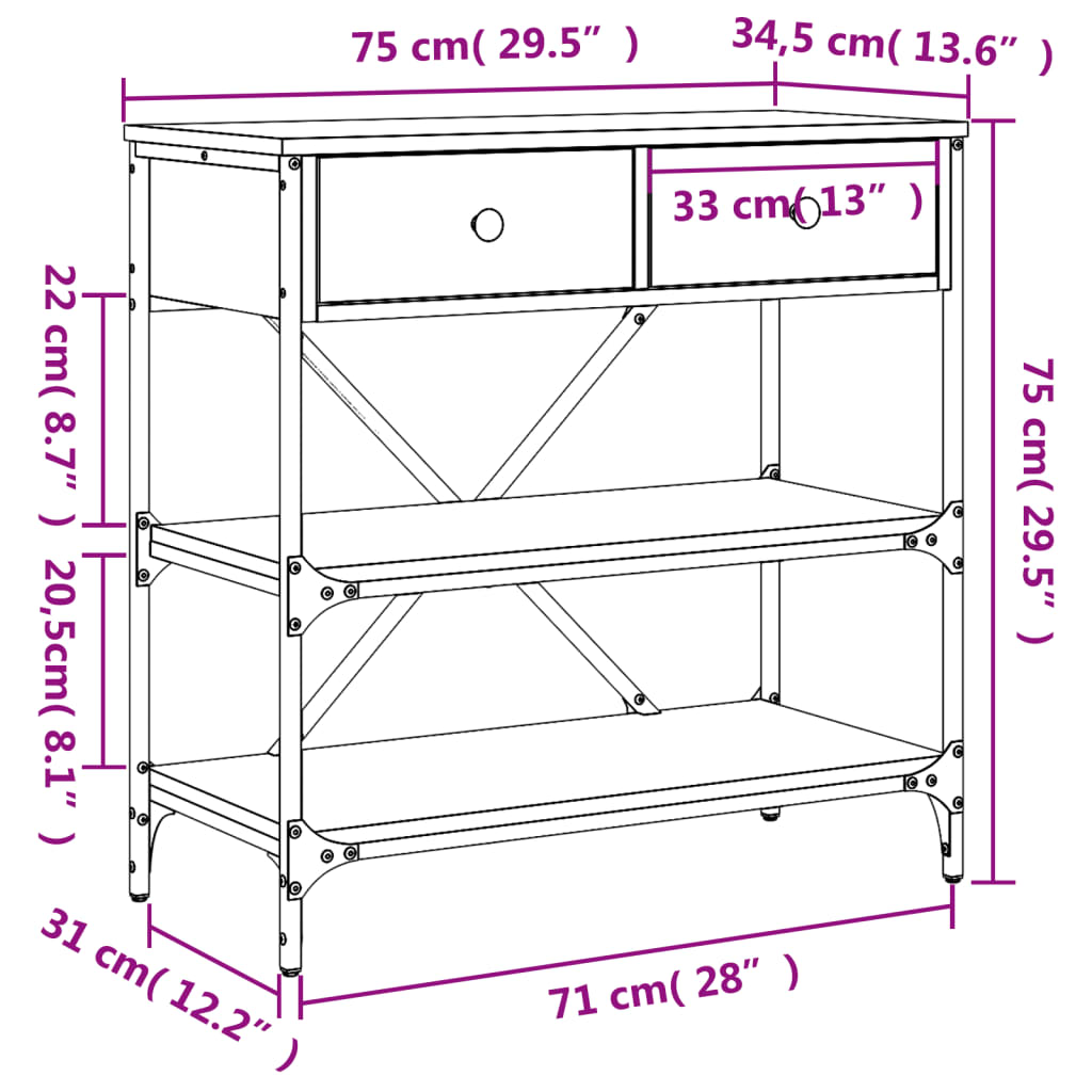 konsolbord 75x34,5x75 cm konstrueret træ grå sonoma-eg