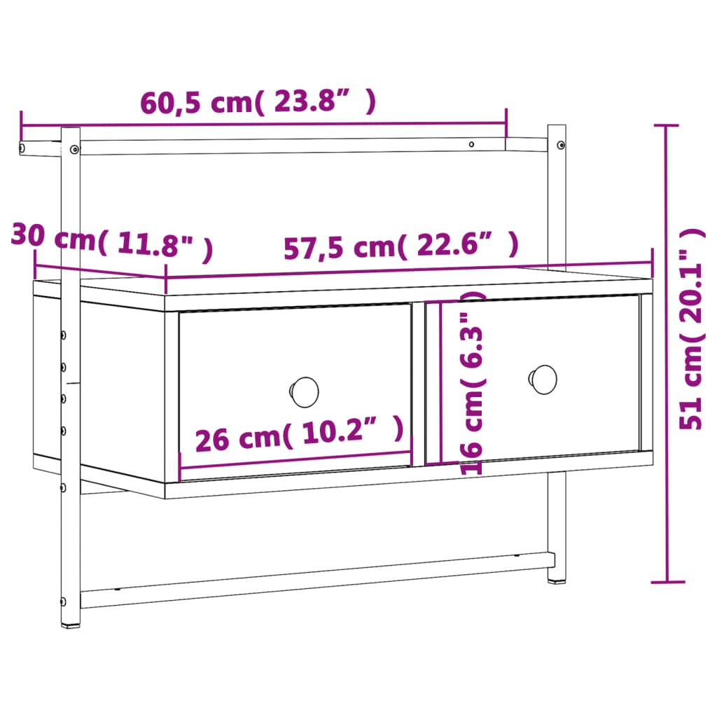 væghængt tv-bord 60,5x30x51 cm konstrueret træ grå sonoma-eg