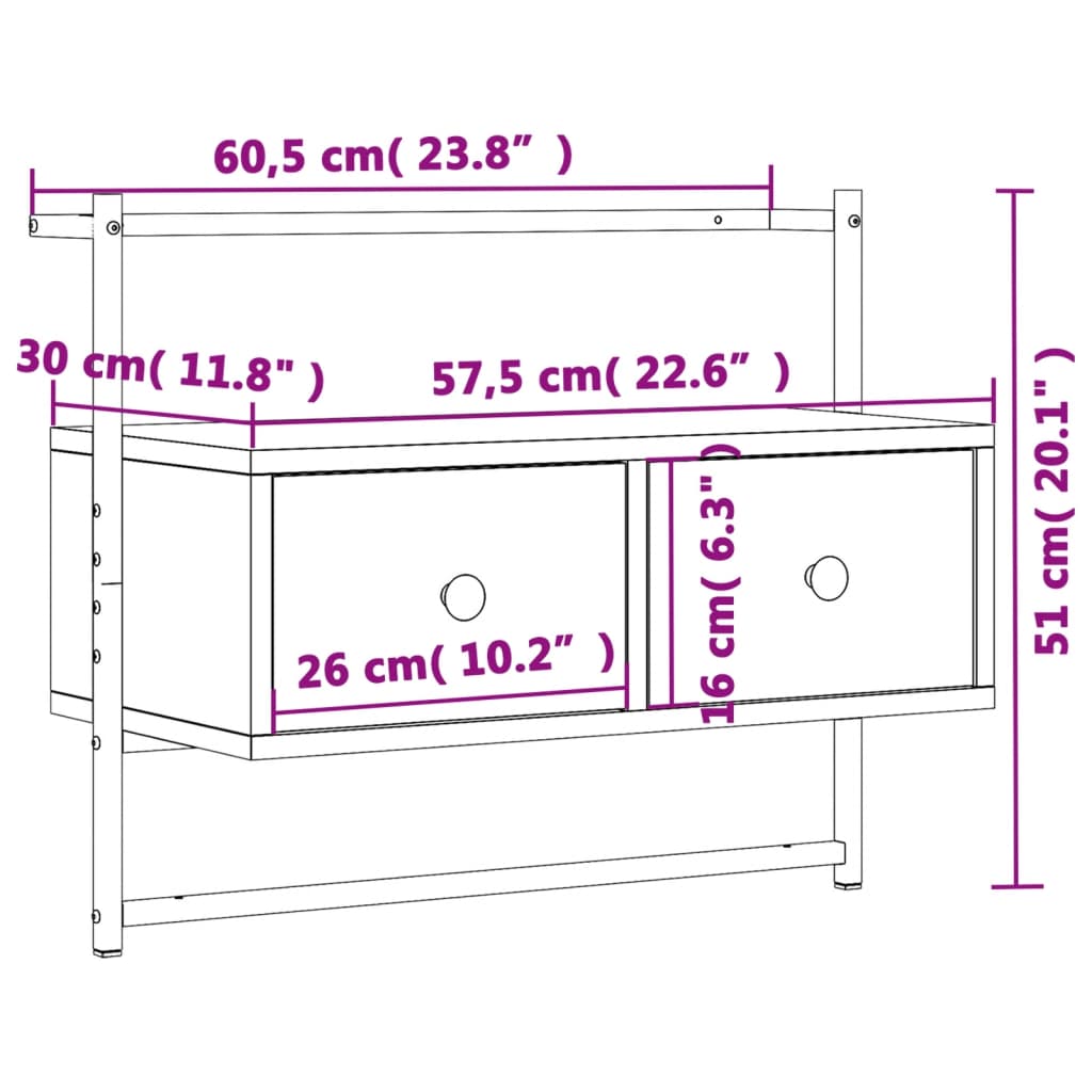 væghængt tv-bord 60,5x30x51 cm konstrueret træ brunt egetræ