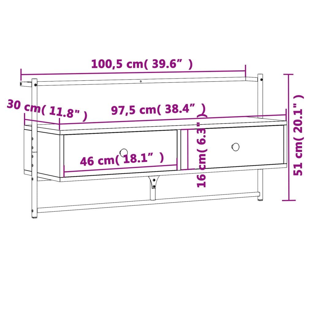 væghængt tv-bord 100,5x30x51 cm konstrueret træ brunt egetræ