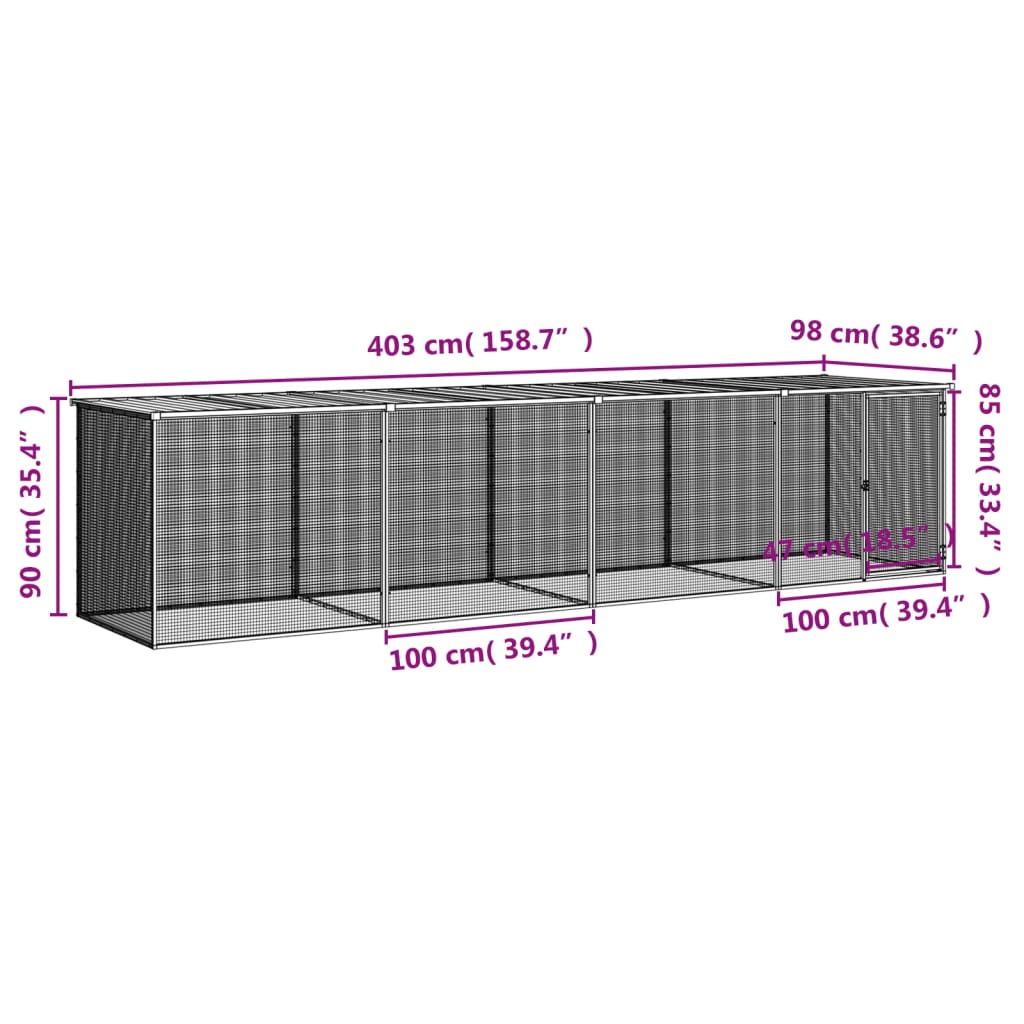 hønsebur med tag 403x98x90 cm galvaniseret stål antracitgrå