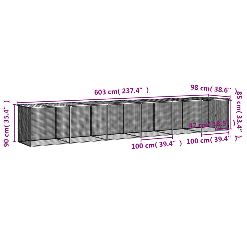 hønsebur med tag 603x98x90 cm galvaniseret stål antracitgrå