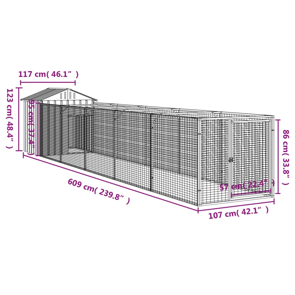 hundehus med tag 117x609x123 cm galvaniseret stål antracitgrå