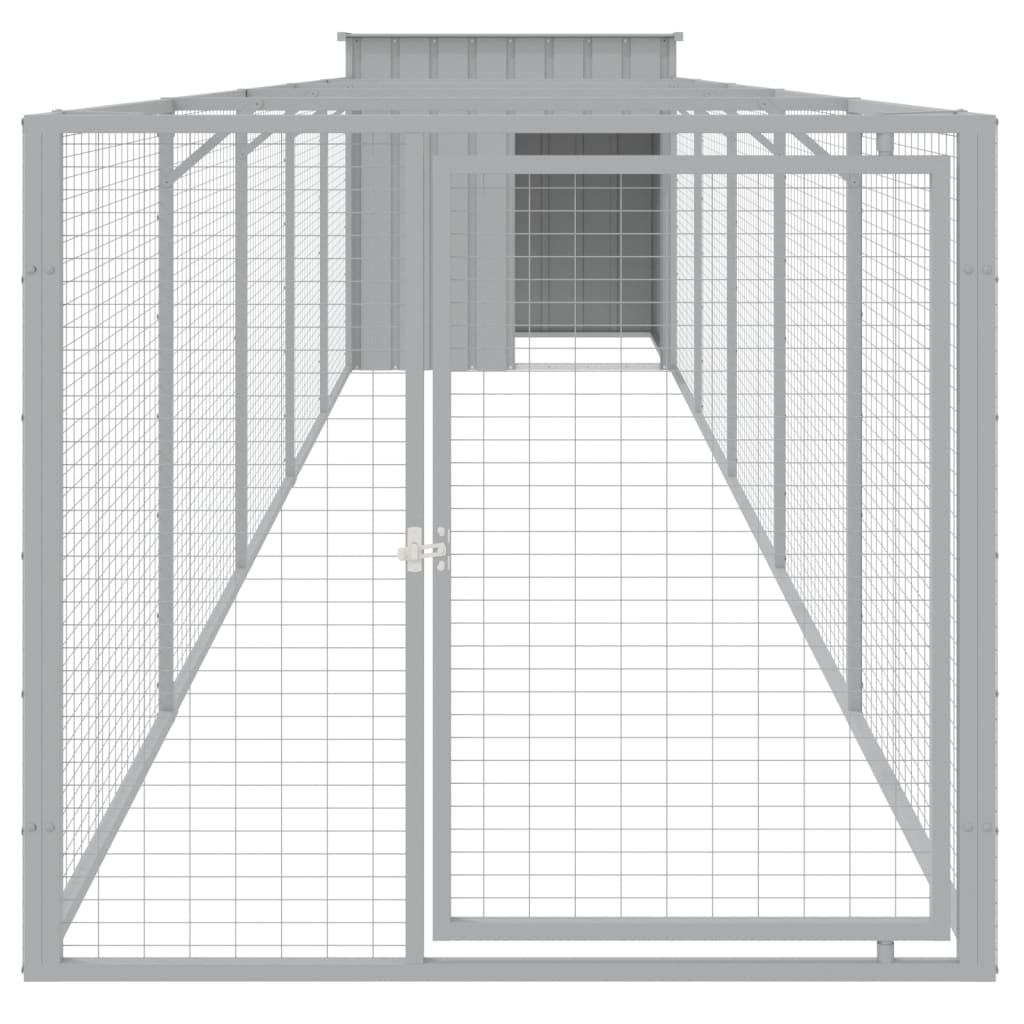 hundehus med løbegård 110x609x110 cm galvaniseret stål lysegrå