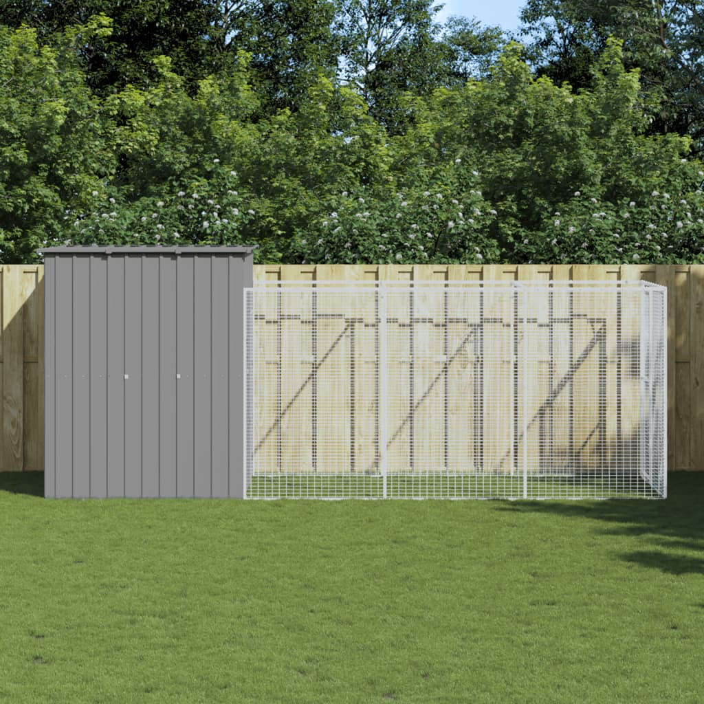 hundehus med løbegård 165x455x181 cm galvaniseret stål lysegrå