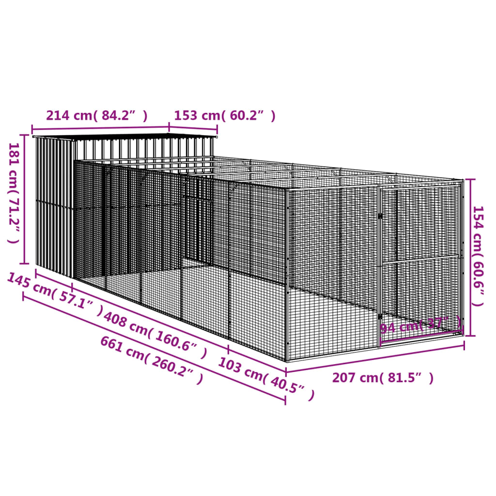 hundehus med løbegård 214x661x181 cm galvaniseret stål lysegrå