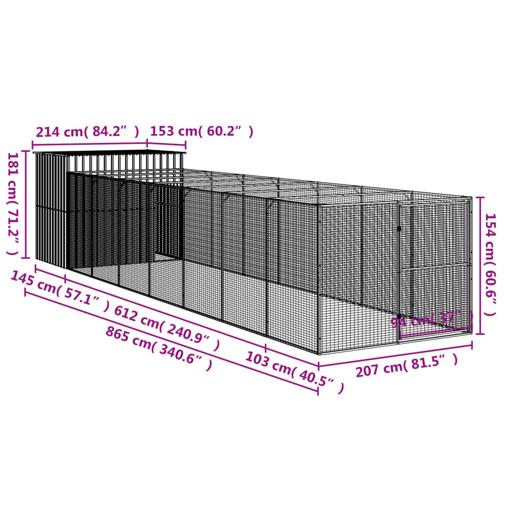 hundehus med løbegård 214x865x181 cm galvaniseret stål lysegrå