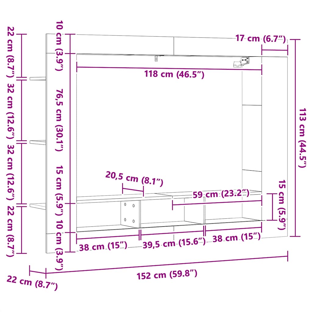 tv-møbel 152x22x113 cm konstrueret træ røget sonoma-eg