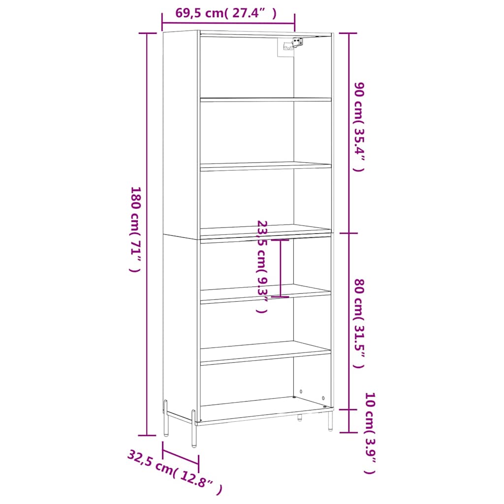 reol 69,5x32,5x180 cm konstrueret træ sort