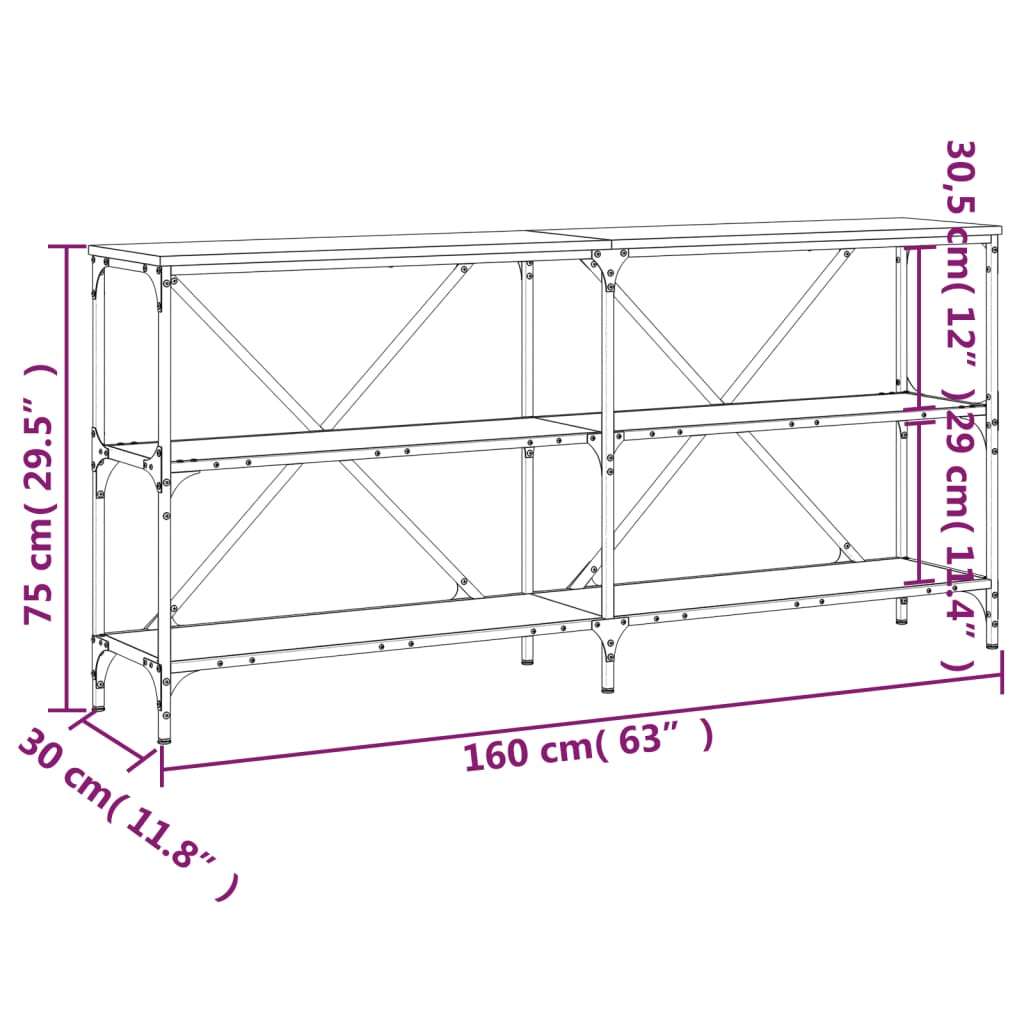 konsolbord 160x30x75 cm konstrueret træ og jern grå sonoma-eg