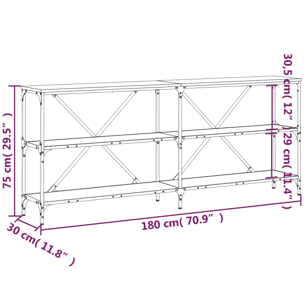 konsolbord 180x30x75 cm konstrueret træ og jern sort