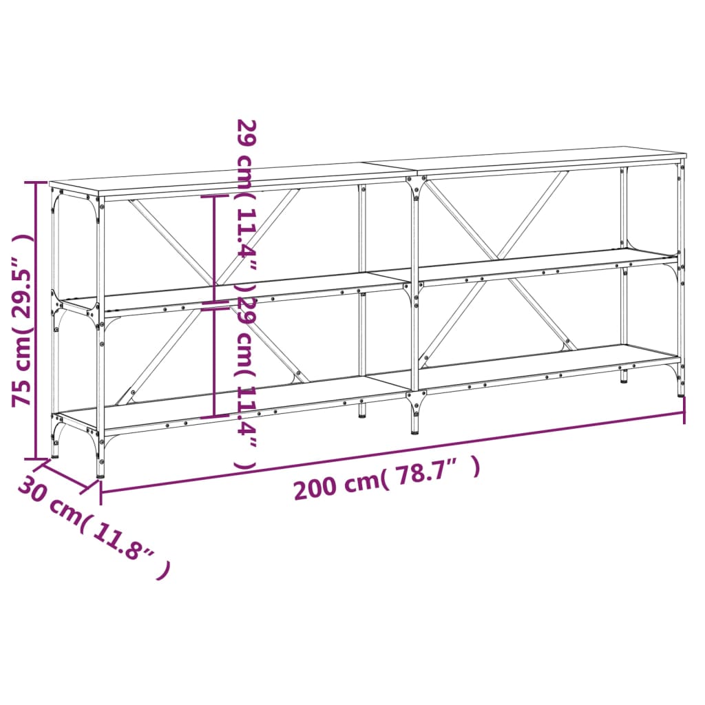 konsolbord 200x30x75 cm konstrueret træ og jern grå sonoma-eg