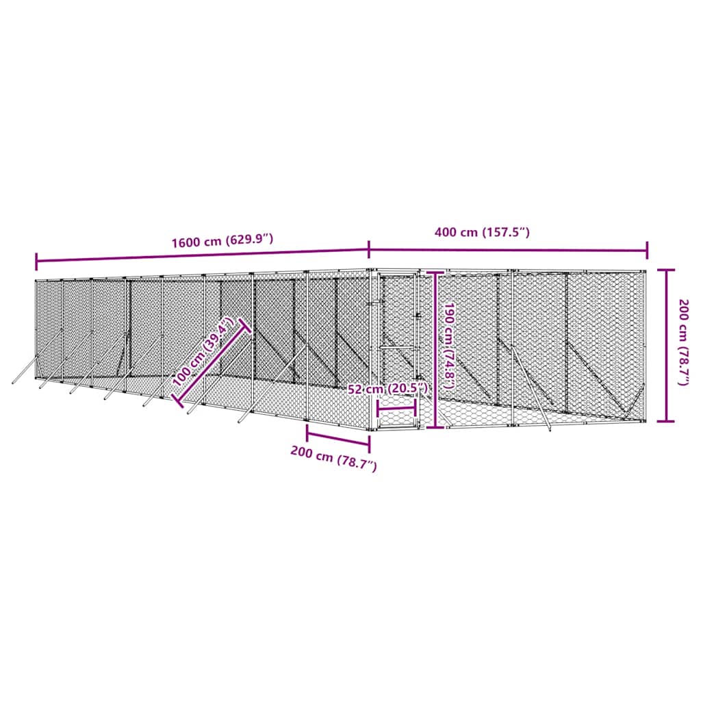 udendørs hundegård 4x16x2 m galvaniseret stål sølvfarvet