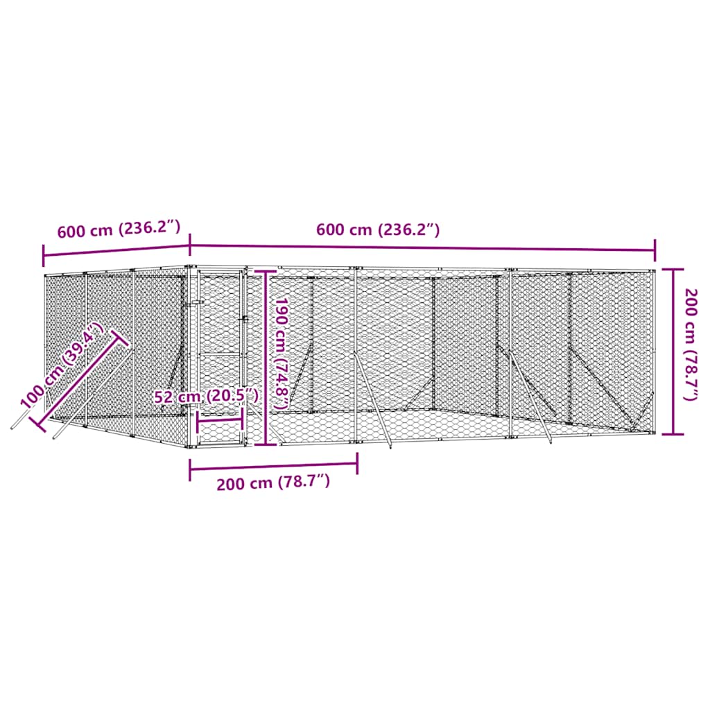 udendørs hundegård 6x6x2 m galvaniseret stål sølvfarvet