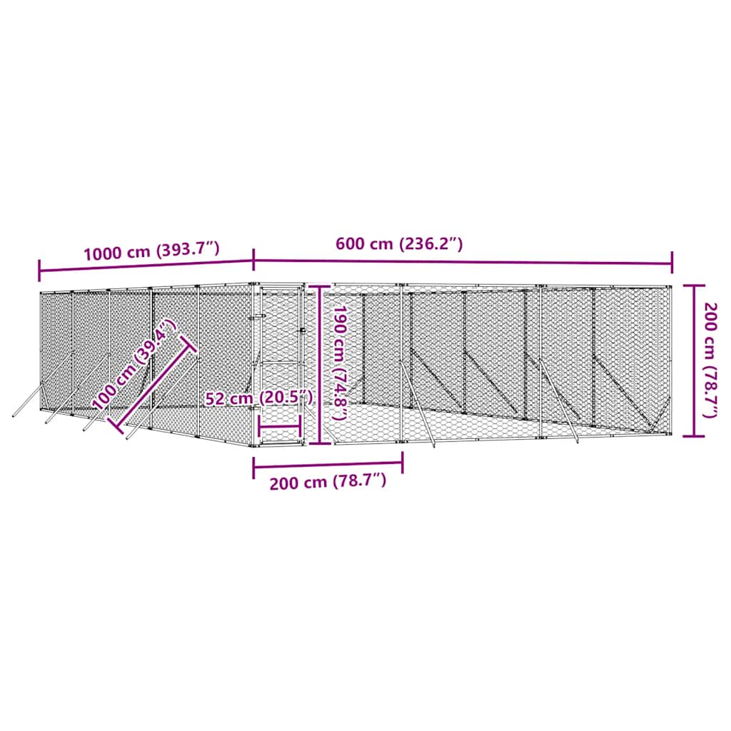 udendørs hundegård 6x10x2 m galvaniseret stål sølvfarvet
