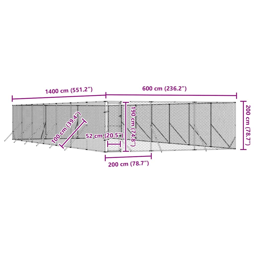 udendørs hundegård 6x14x2 m galvaniseret stål sølvfarvet