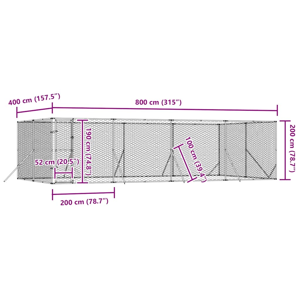 udendørs hundegård 8x4x2 m galvaniseret stål sølvfarvet