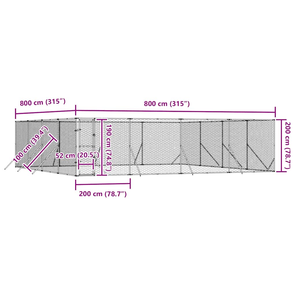 udendørs hundegård 8x8x2 m galvaniseret stål sølvfarvet