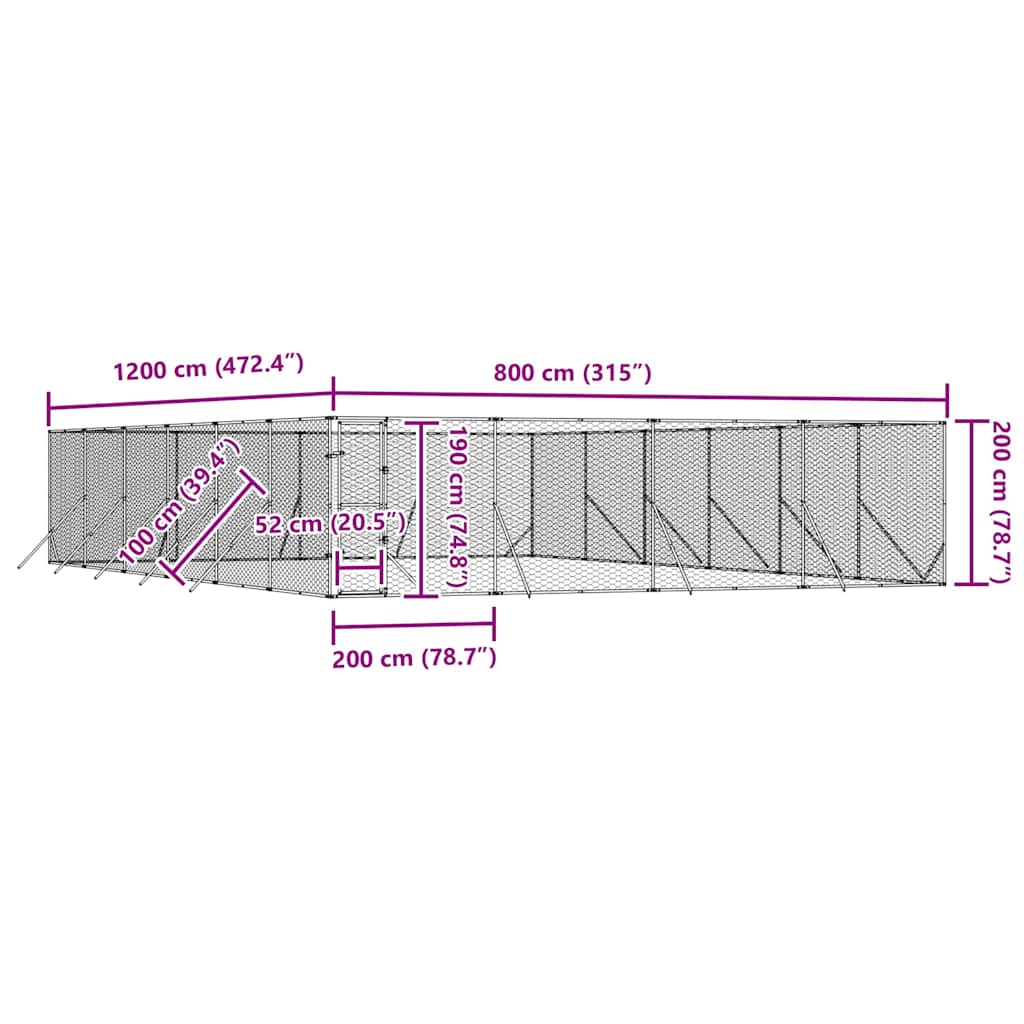 udendørs hundegård 8x12x2 m galvaniseret stål sølvfarvet