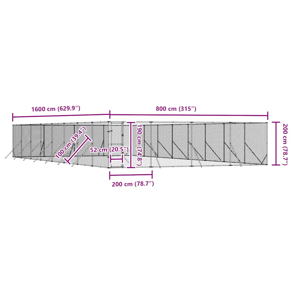 udendørs hundegård 8x16x2 m galvaniseret stål sølvfarvet