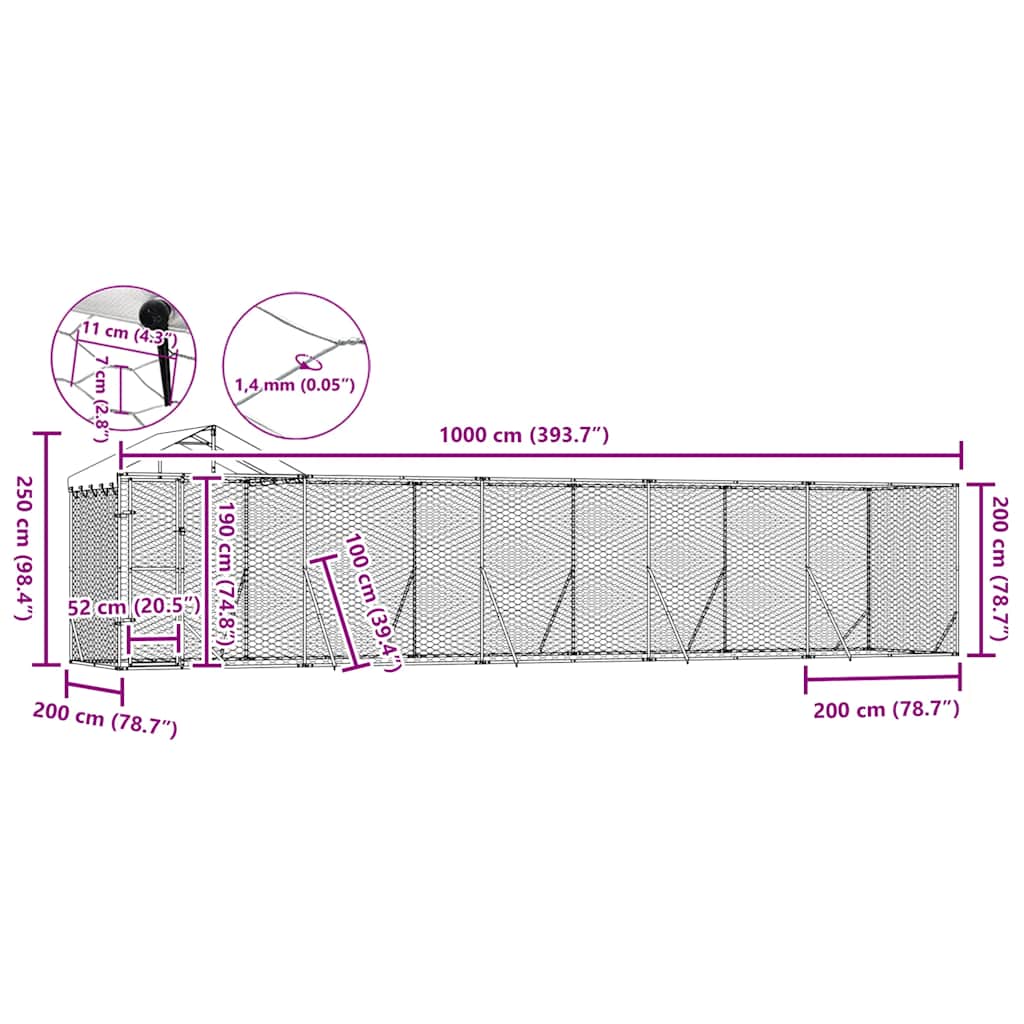 udendørs hundegård med tag 10x2x2,5 m galvaniseret stål sølv