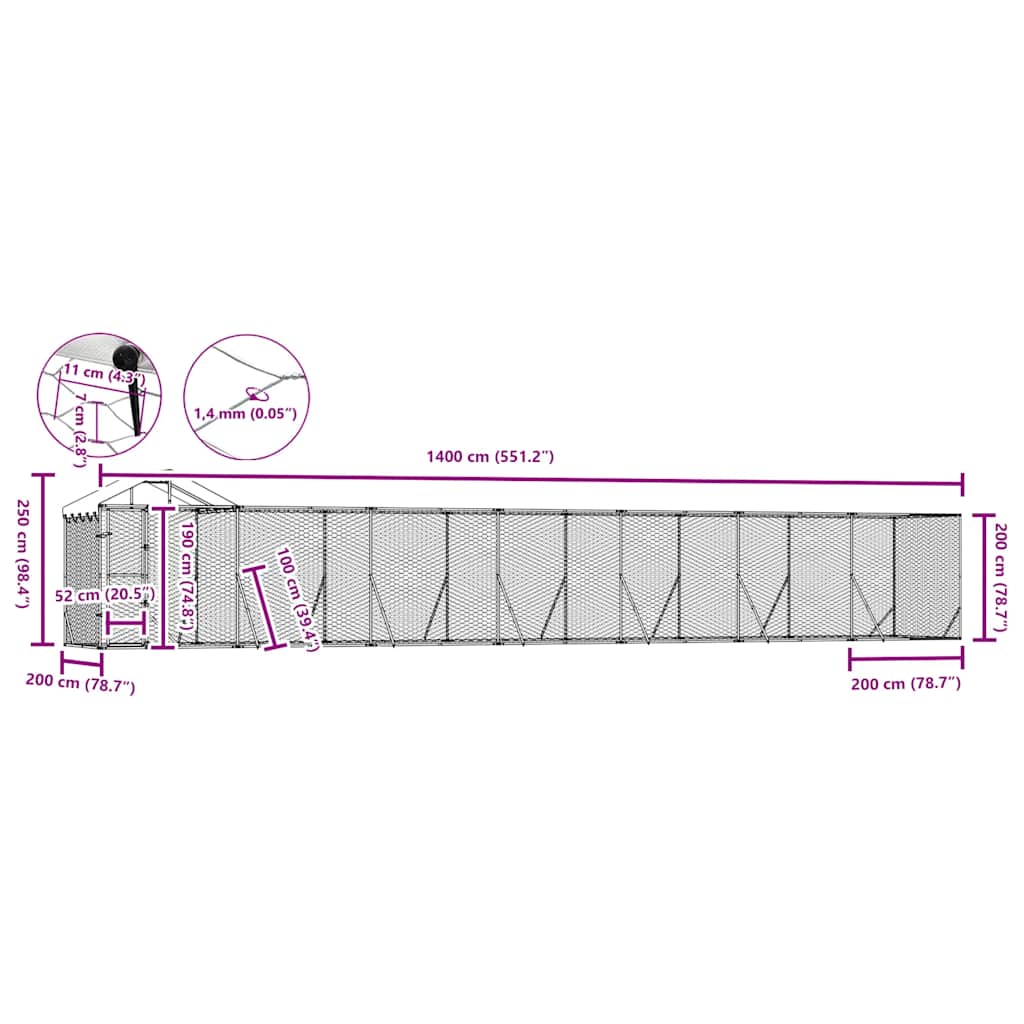udendørs hundegård med tag 14x2x2,5 m galvaniseret stål sølv