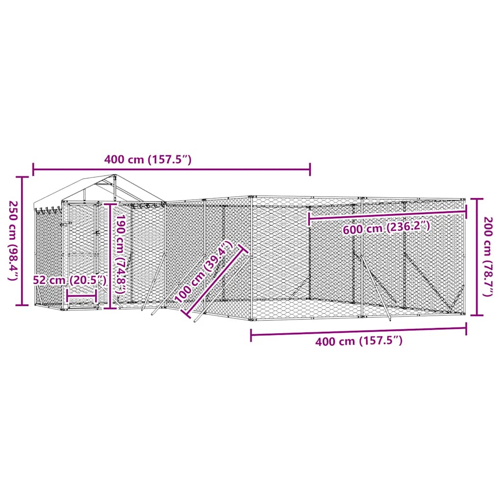 udendørs hundegård med tag 6x6x2,5 m galvaniseret stål sølv