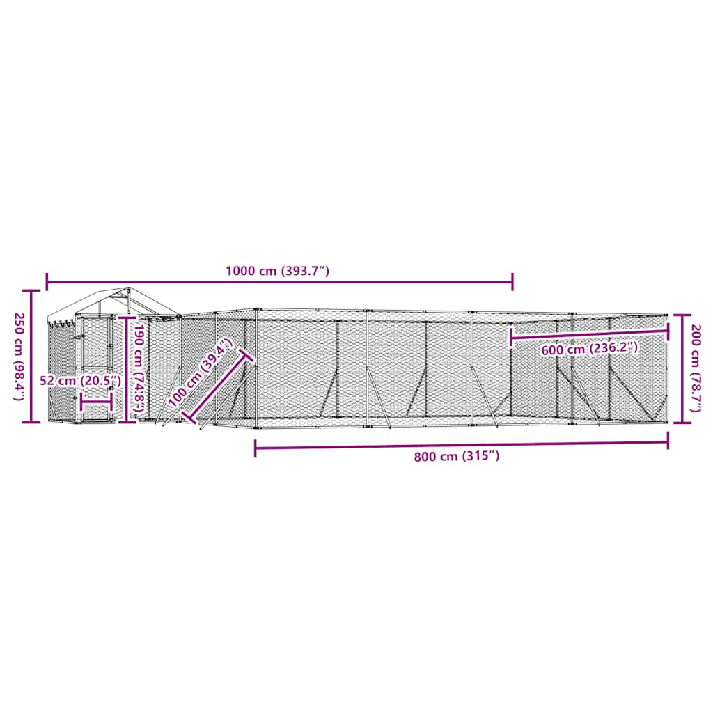 udendørs hundegård med tag 10x6x2,5 m galvaniseret stål sølv