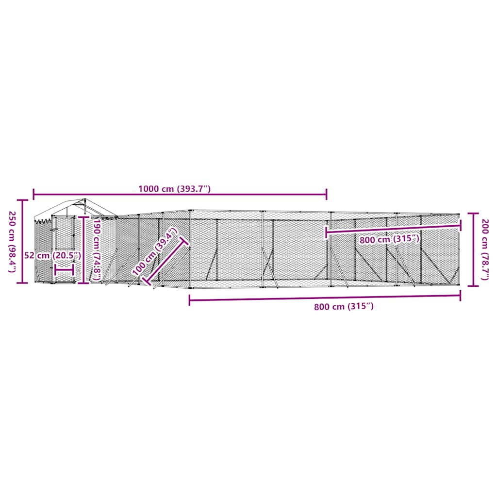 udendørs hundegård med tag 10x8x2,5 m galvaniseret stål sølv