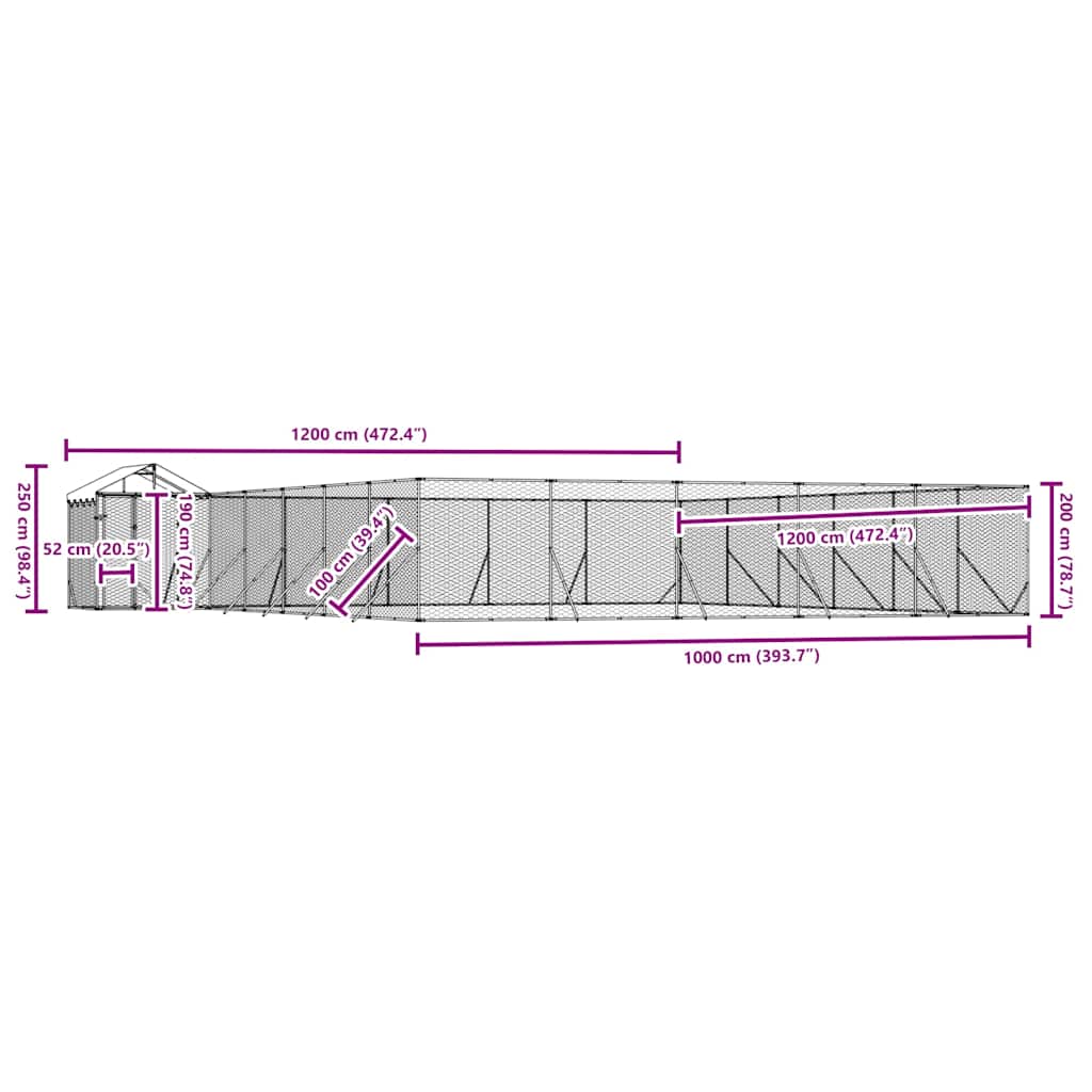 udendørs hundegård med tag 12x12x2,5 m galvaniseret stål sølv