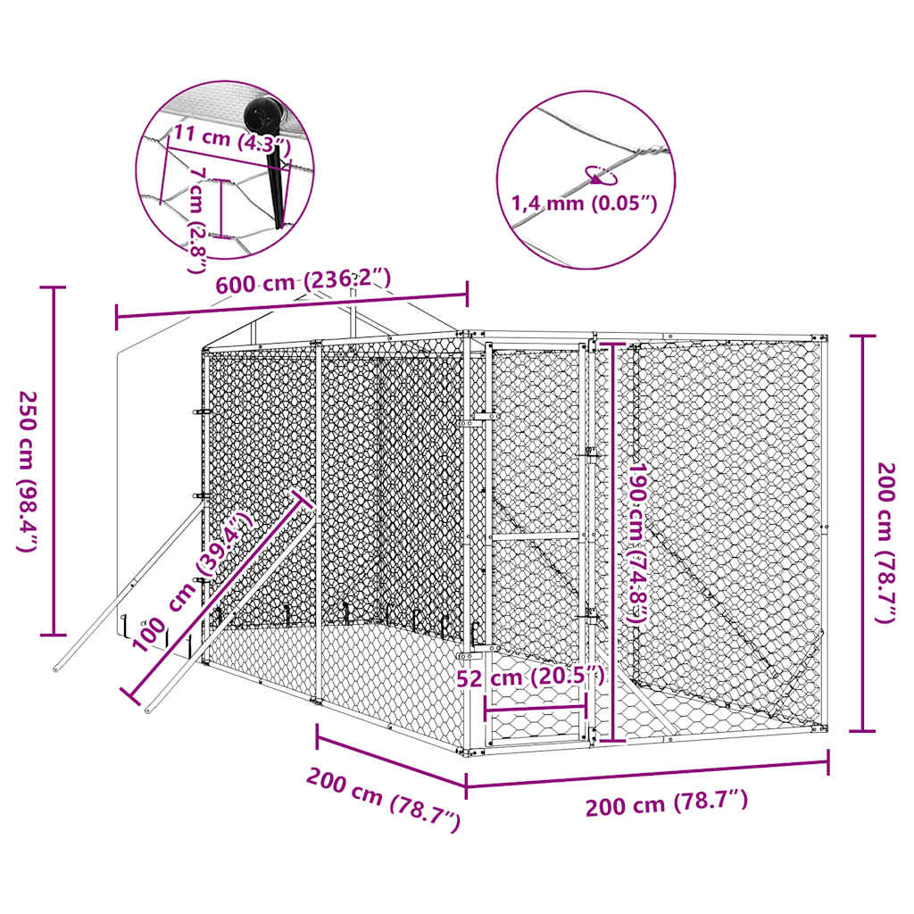 udendørs hundegård med tag 2x6x2,5 m galvaniseret stål sølv