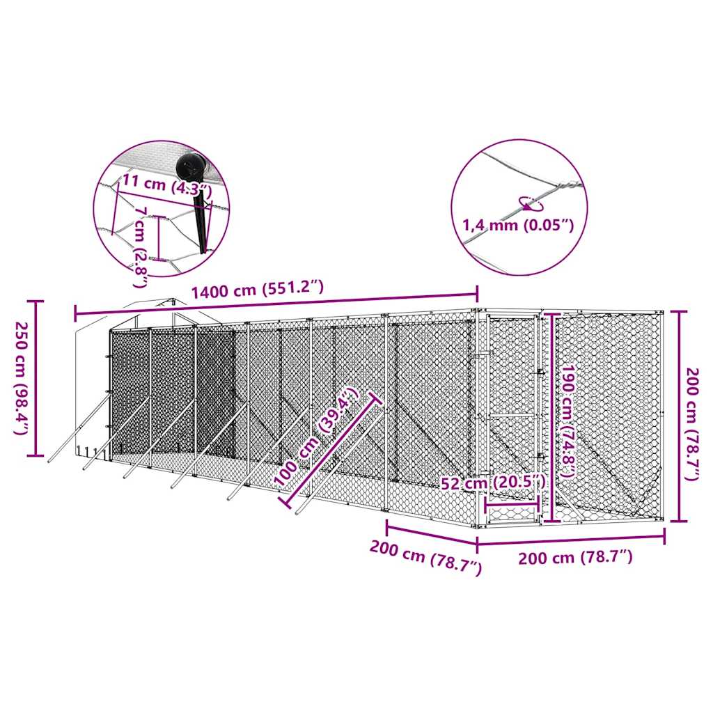 udendørs hundegård med tag 2x14x2,5 m galvaniseret stål sølv