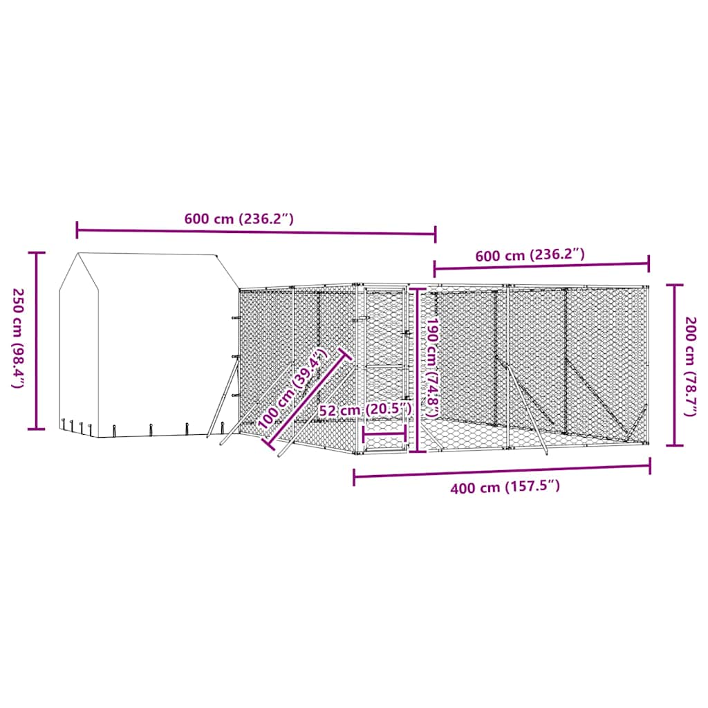 udendørs hundegård med tag 6x6x2,5 m galvaniseret stål sølv