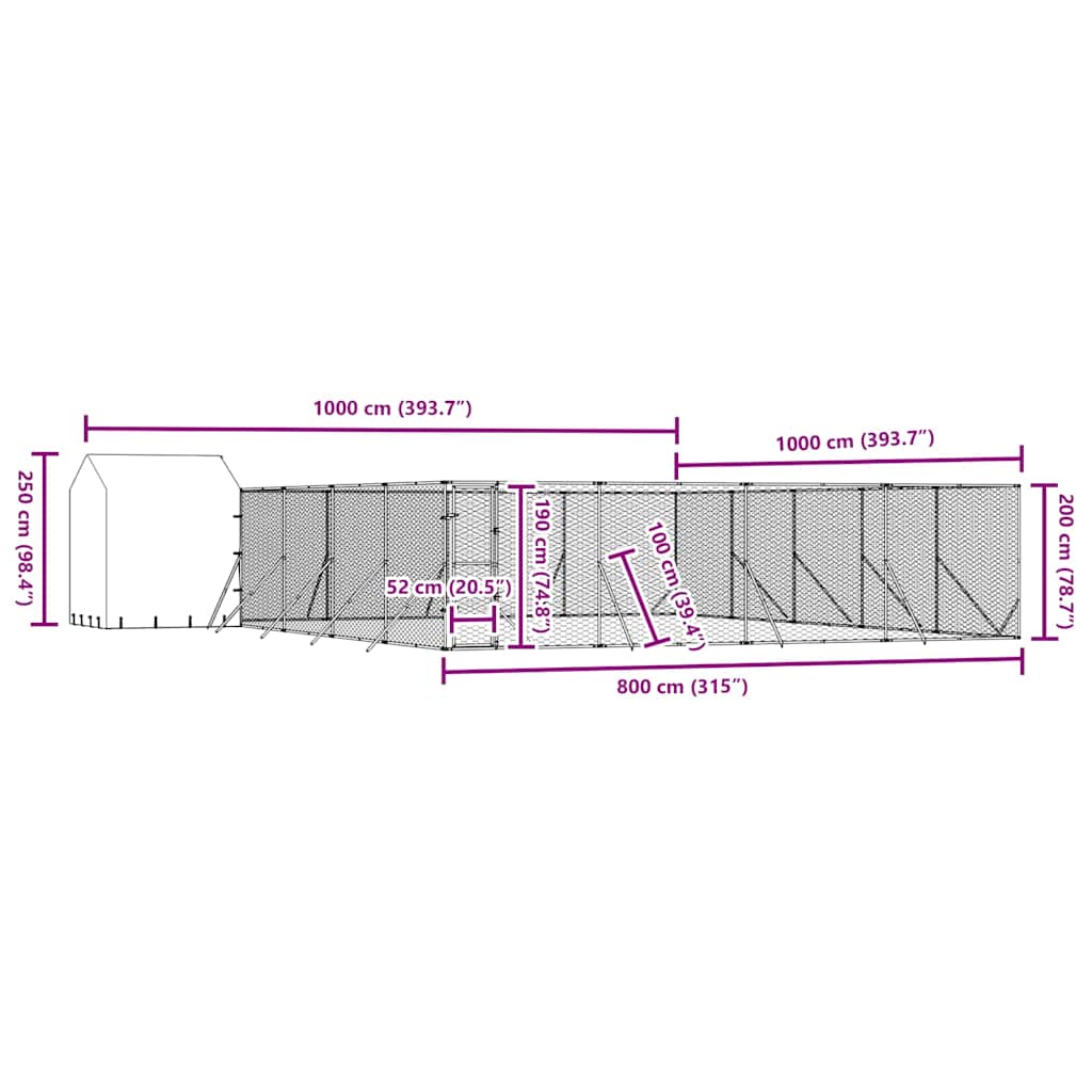 udendørs hundegård med tag 10x10x2,5 m galvaniseret stål sølv