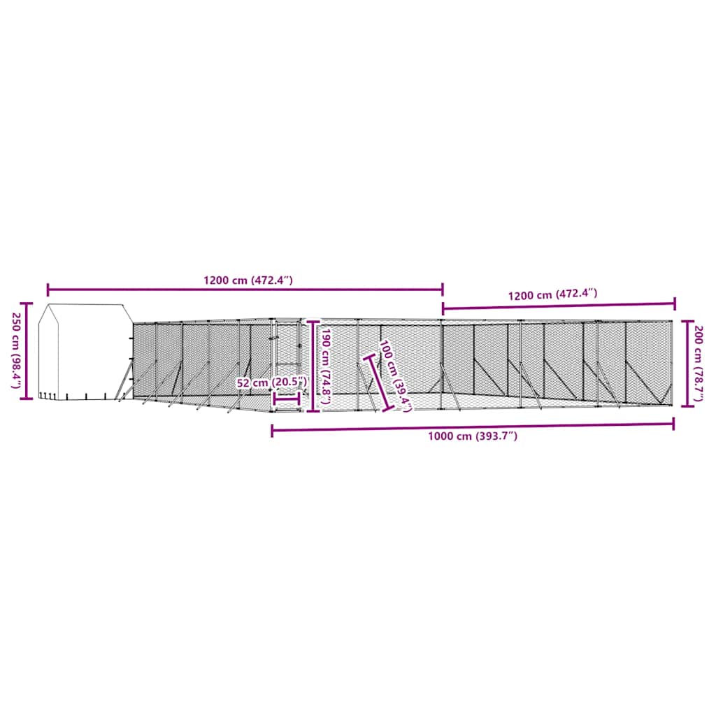 udendørs hundegård med tag 12x12x2,5 m galvaniseret stål sølv
