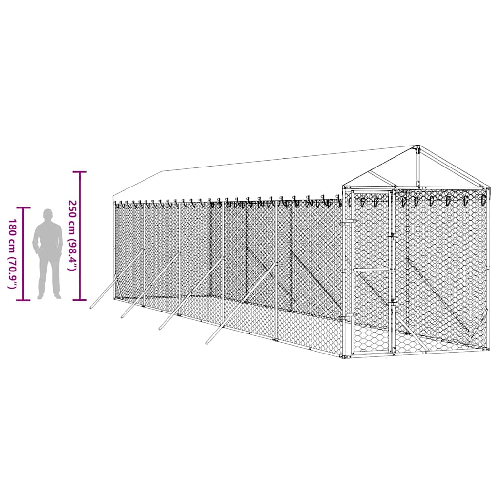 udendørs hundegård med tag 2x10x2,5 m galvaniseret stål sølv