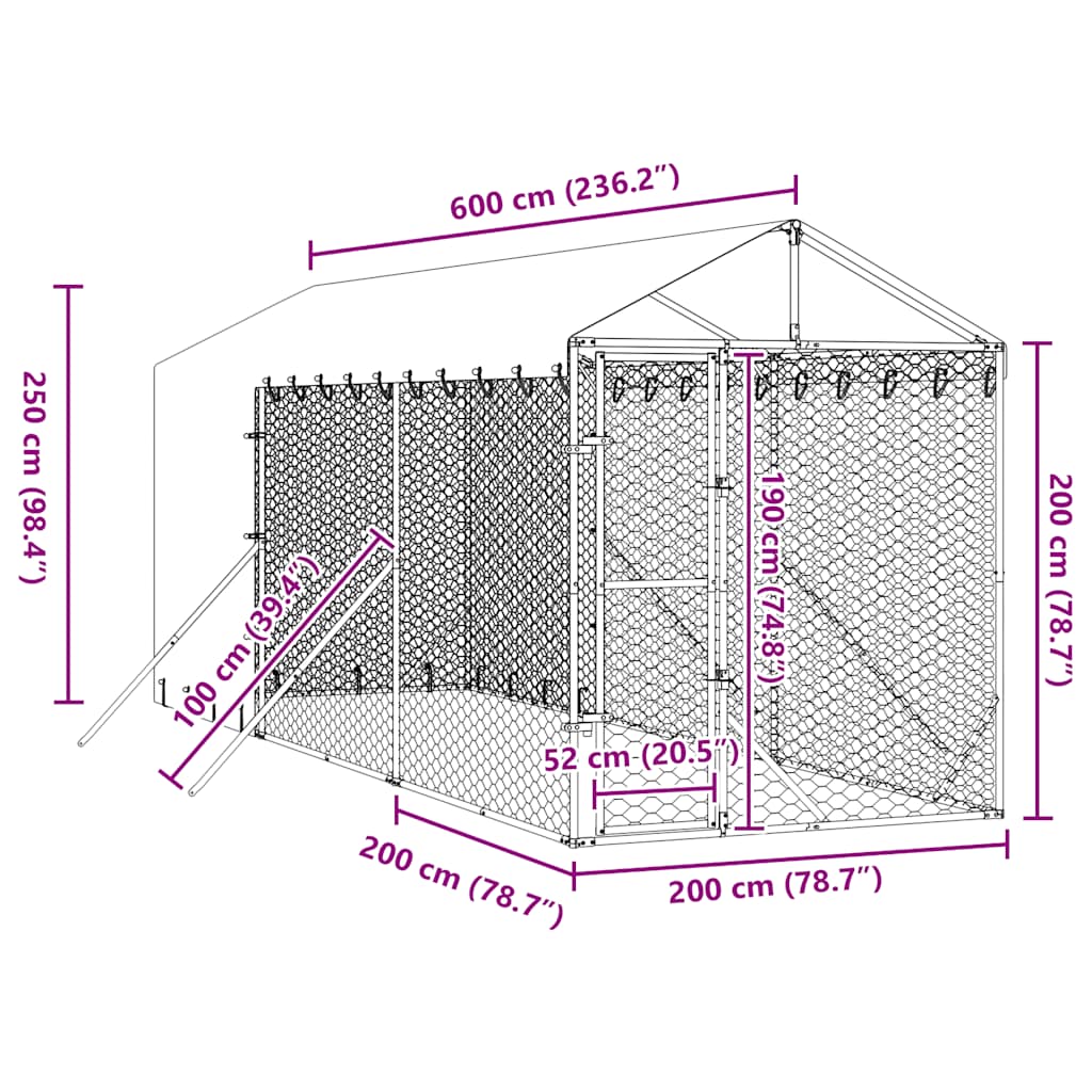 udendørs hundegård med tag 2x6x2,5 m galvaniseret stål sølv
