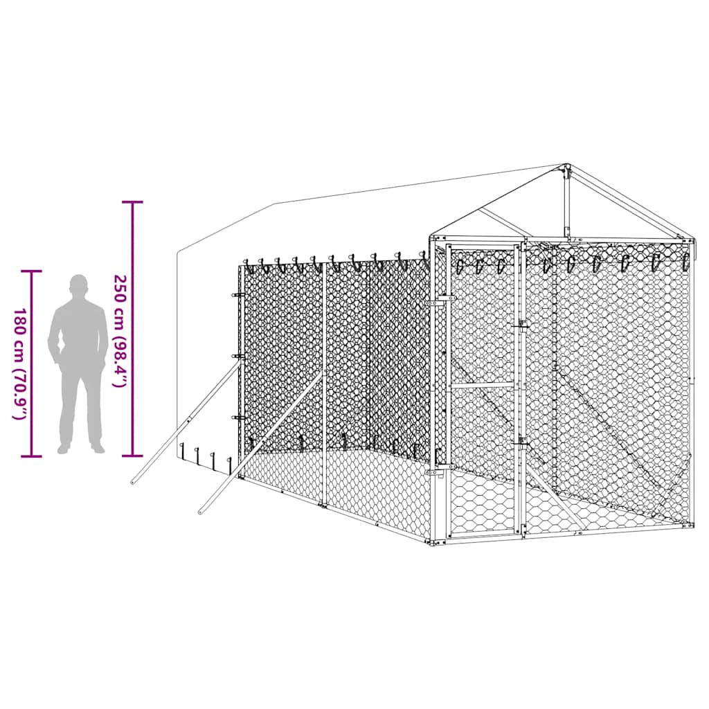 udendørs hundegård med tag 2x6x2,5 m galvaniseret stål sølv