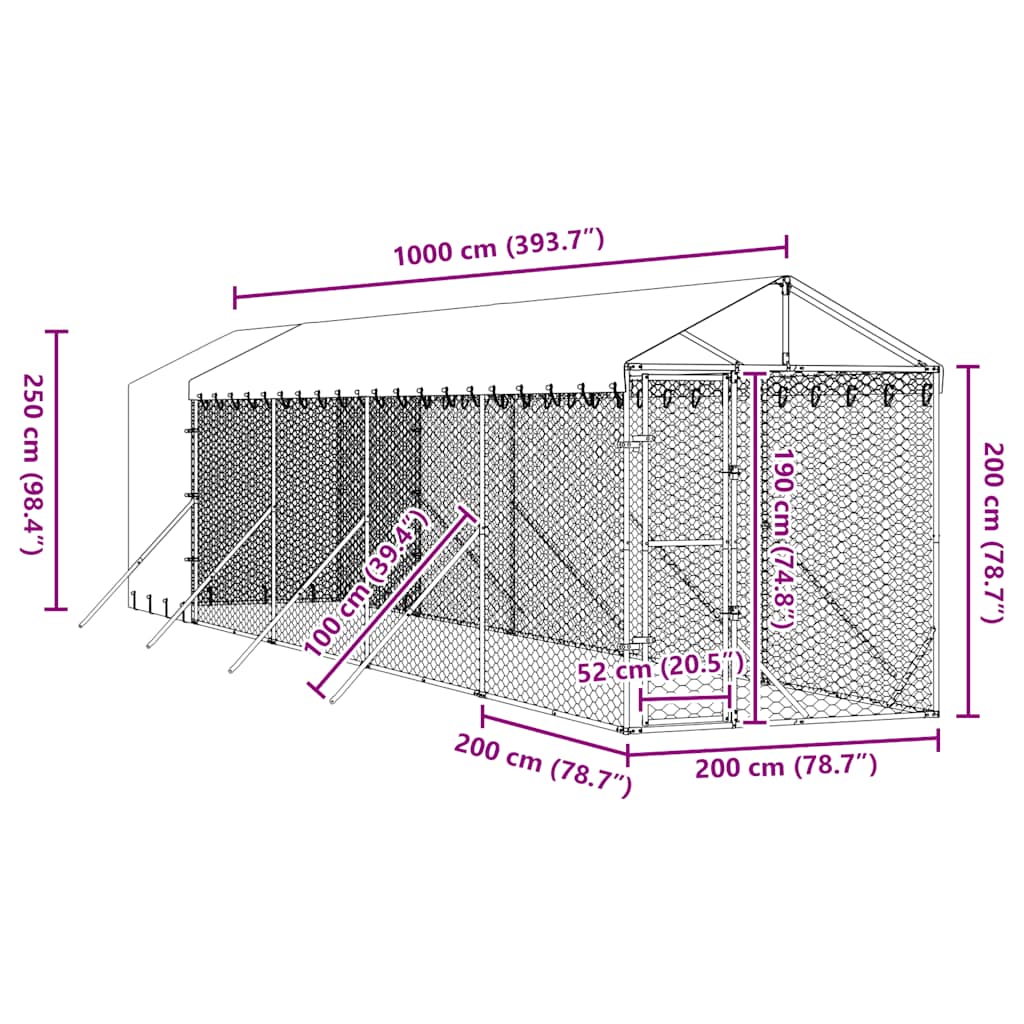 udendørs hundegård med tag 2x10x2,5 m galvaniseret stål sølv