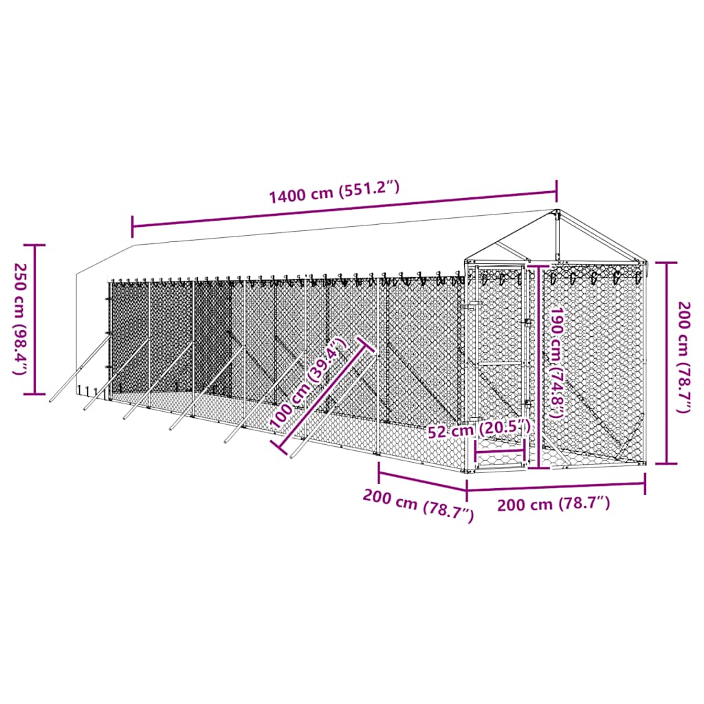 udendørs hundegård med tag 2x14x2,5 m galvaniseret stål sølv
