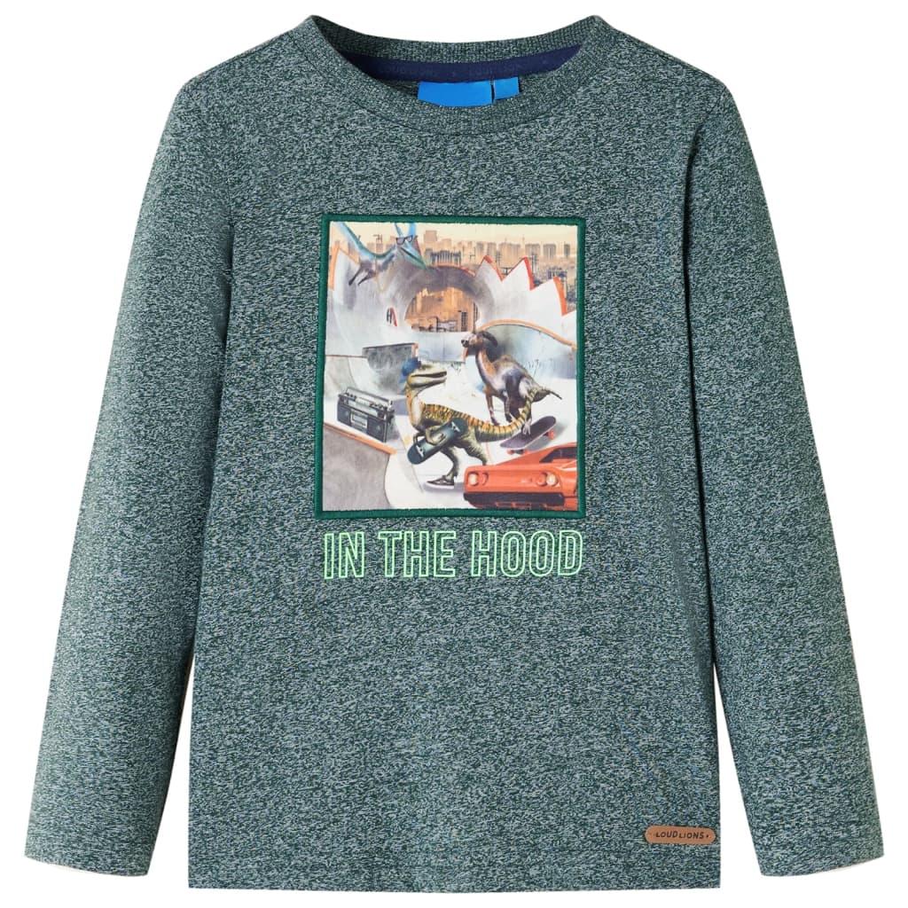 Langærmet T-shirt til børn str. 116 grønmeleret