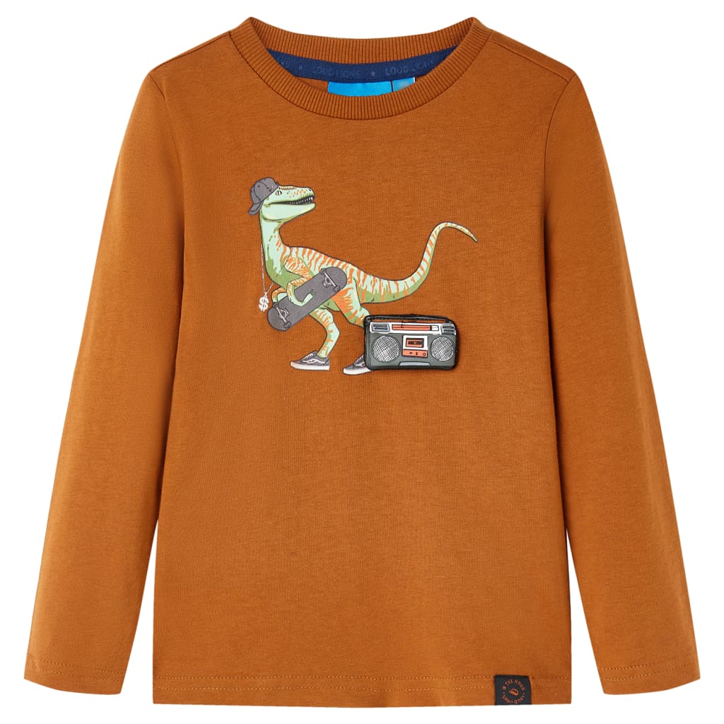 Langærmet T-shirt til børn str. 116 cognacfarvet