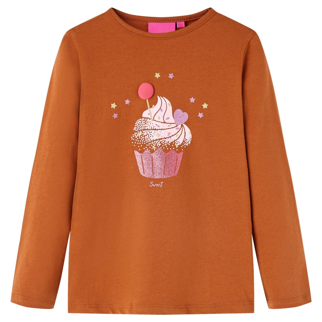 Langærmet T-shirt til børn str. 104 cognacfarvet