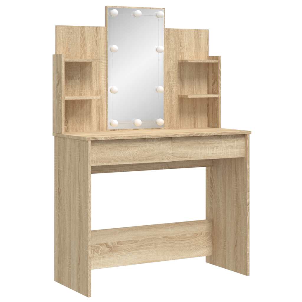 makeupbord med LED-lys 96x40x142 cm sonoma-eg