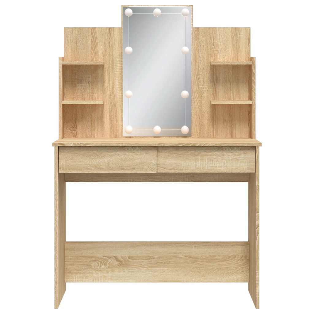 makeupbord med LED-lys 96x40x142 cm sonoma-eg