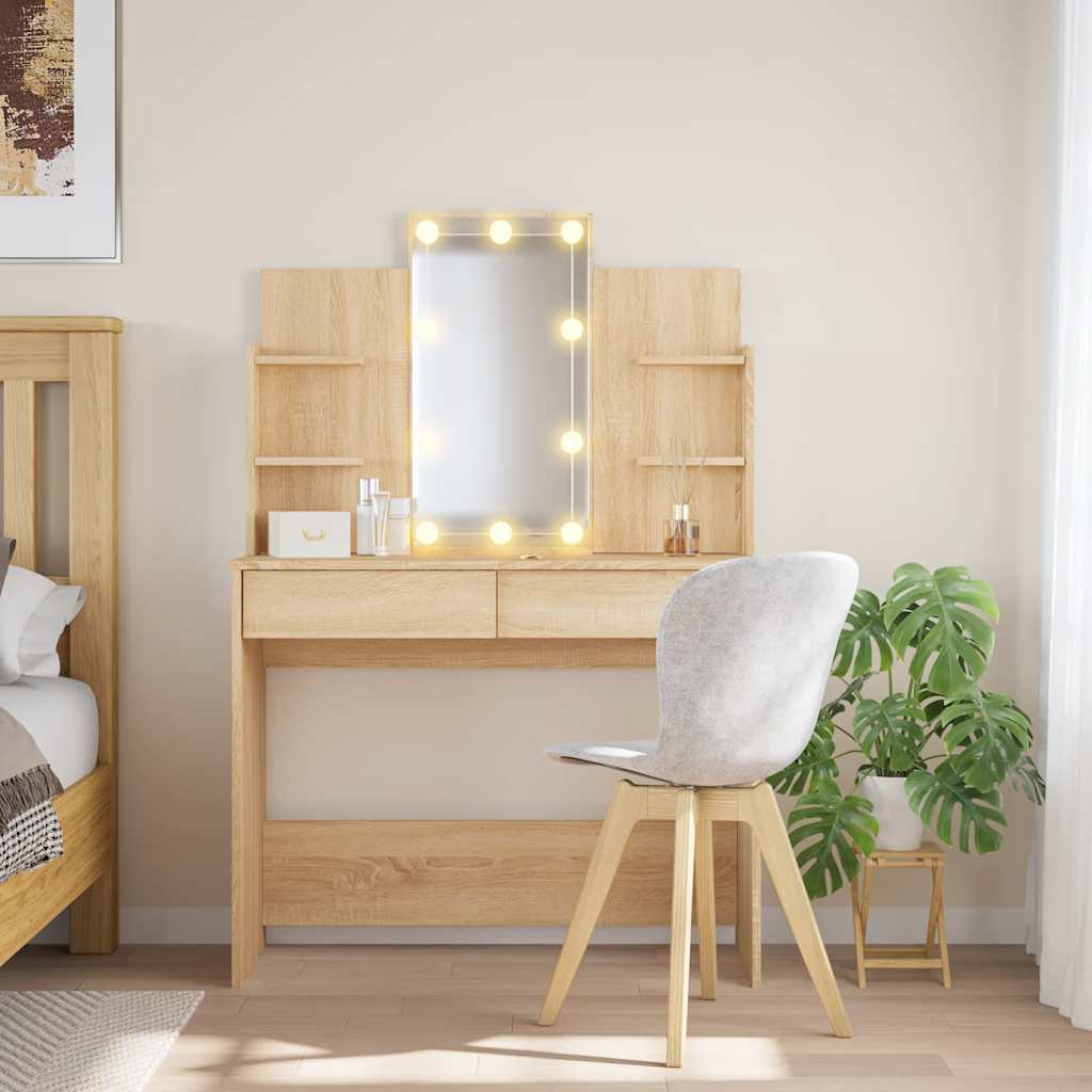 makeupbord med LED-lys 96x40x142 cm sonoma-eg