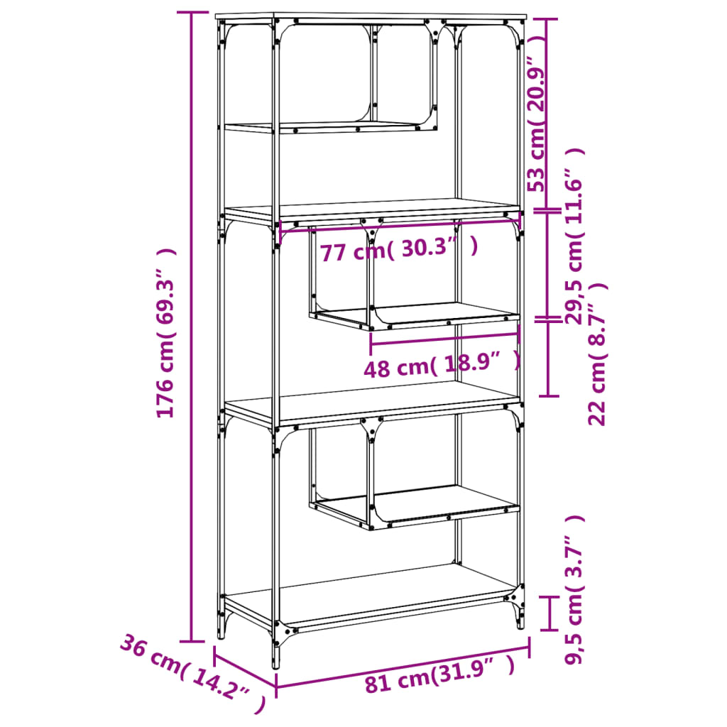 bogreol 81x36x176 cm konstrueret træ sonoma-eg