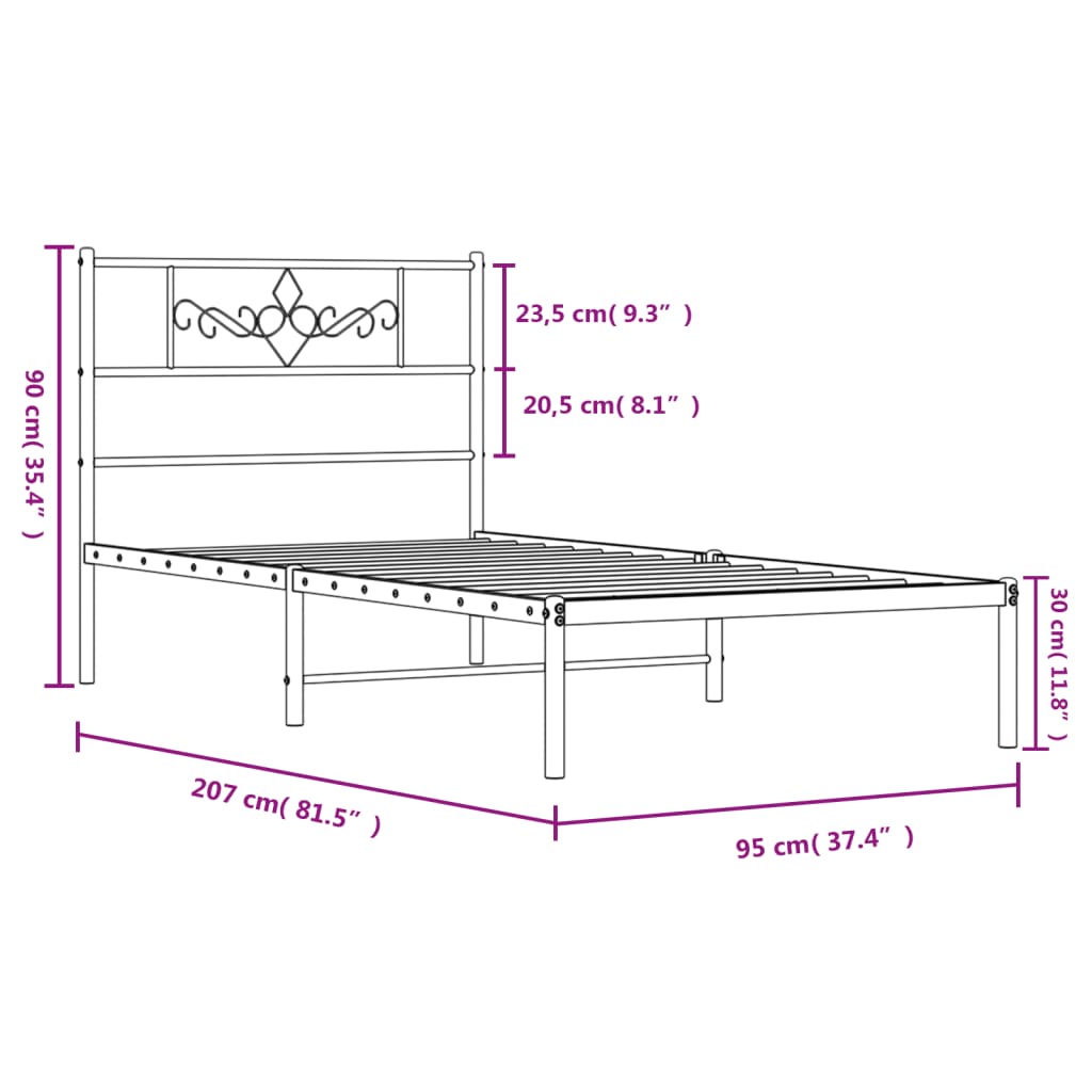 sengeramme med sengegavl 90x200 cm metal sort